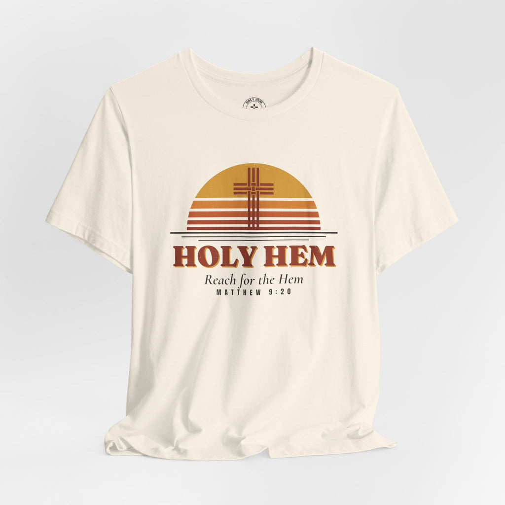 Holy Hem Retro Sunset T-Shirt – 70s Cross Matthew 9:20 Christian Tee