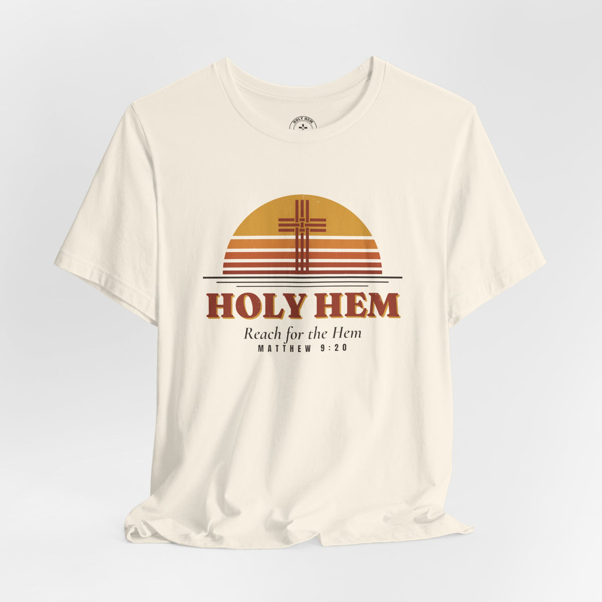 Holy Hem Retro Sunset T-Shirt – 70s Cross Matthew 9:20 Christian Tee