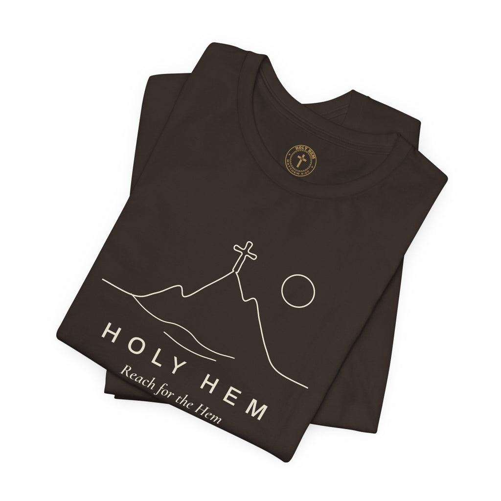Holy Hem Mountain Cross T-Shirt – One Line Art Matthew 9:20 Christian Tee