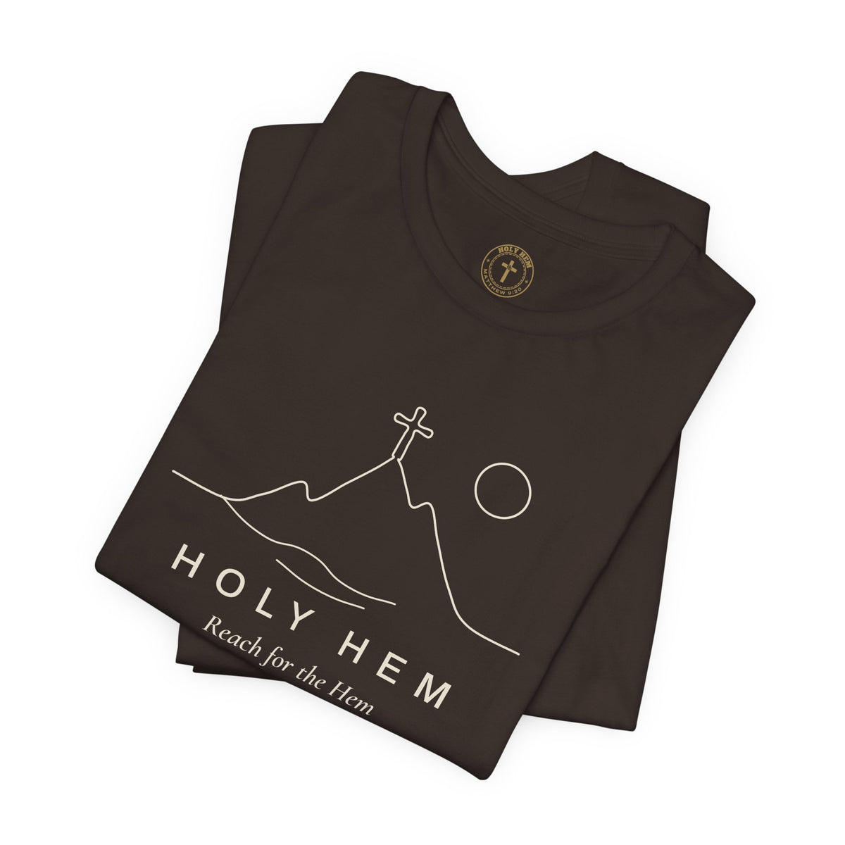 Holy Hem Mountain Cross T-Shirt – One Line Art Matthew 9:20 Christian Tee