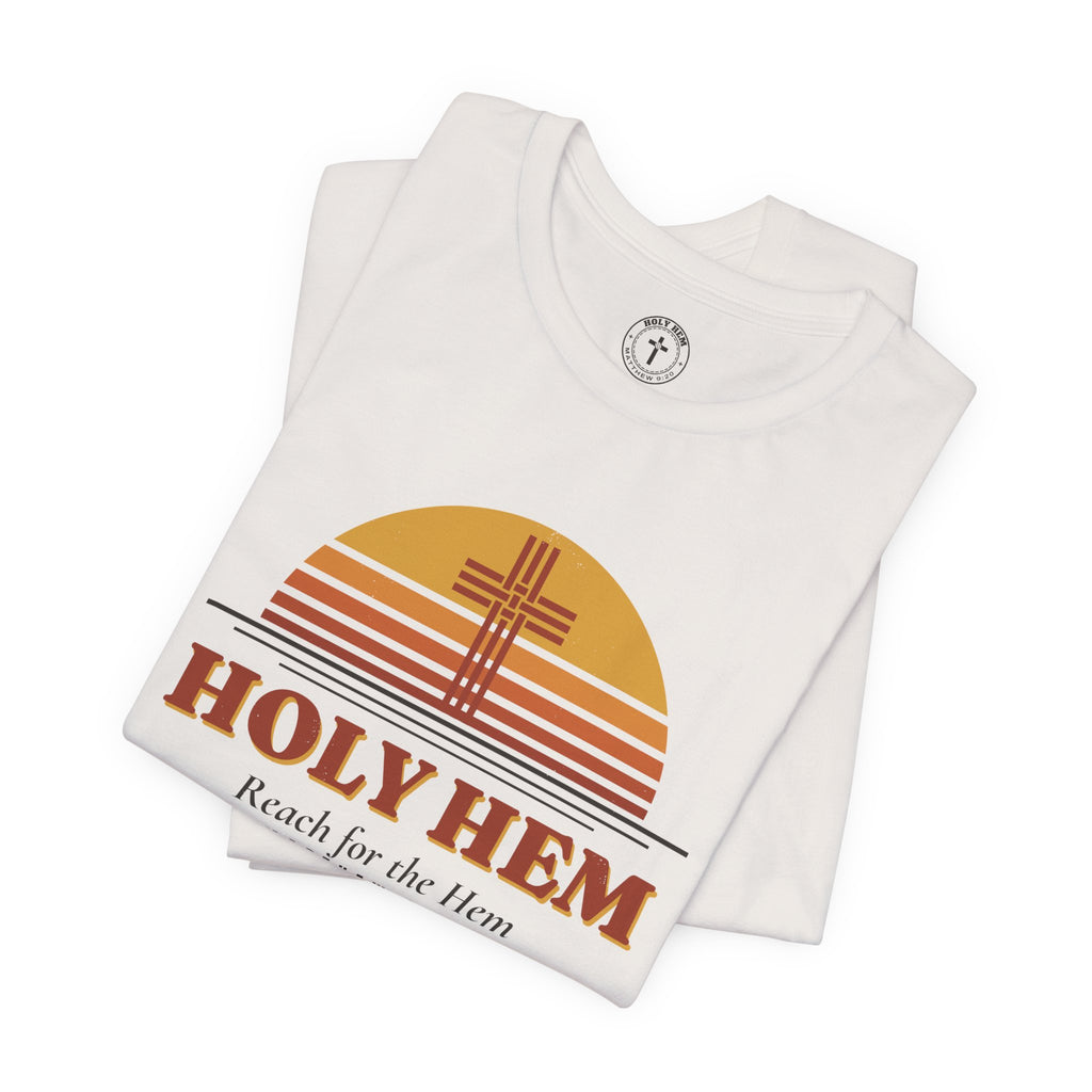Holy Hem Retro Sunset T-Shirt – 70s Cross Matthew 9:20 Christian Tee