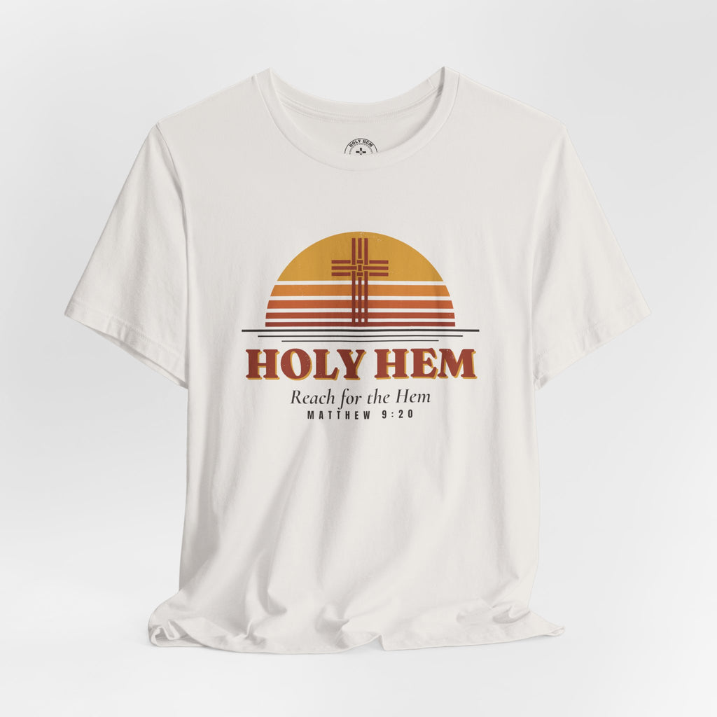 Holy Hem Retro Sunset T-Shirt – 70s Cross Matthew 9:20 Christian Tee