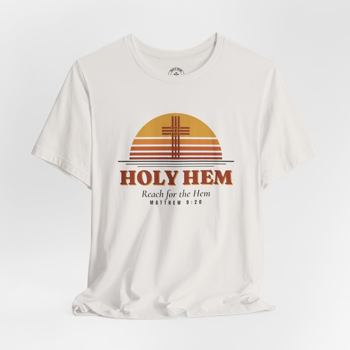 Holy Hem Retro Sunset T-Shirt – 70s Cross Matthew 9:20 Christian Tee