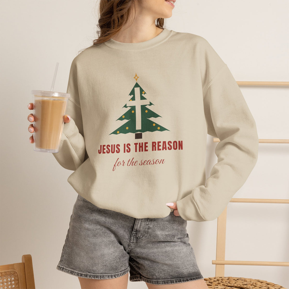 Jesus Is the Reason Sweatshirt – Christmas Tree Cross Christian Crewneck