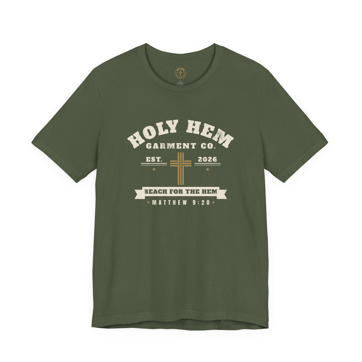 Holy Hem Garment Co. T-Shirt – Vintage Cross Badge Matthew 9:20 Tee