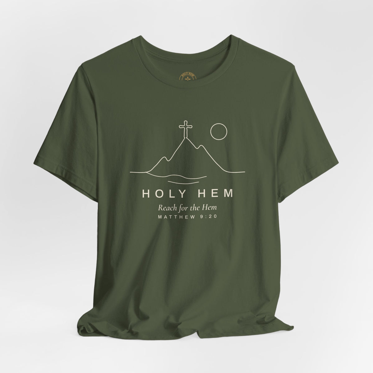 Holy Hem Mountain Cross T-Shirt – One Line Art Matthew 9:20 Christian Tee