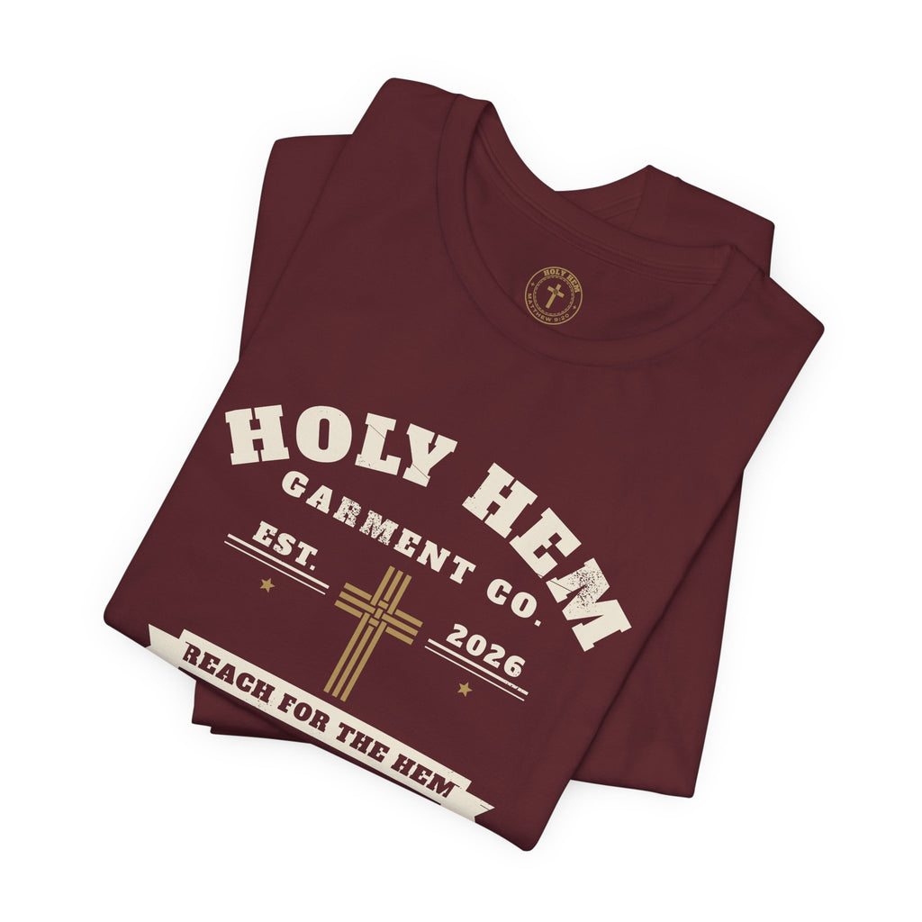 Holy Hem Garment Co. T-Shirt – Vintage Cross Badge Matthew 9:20 Tee