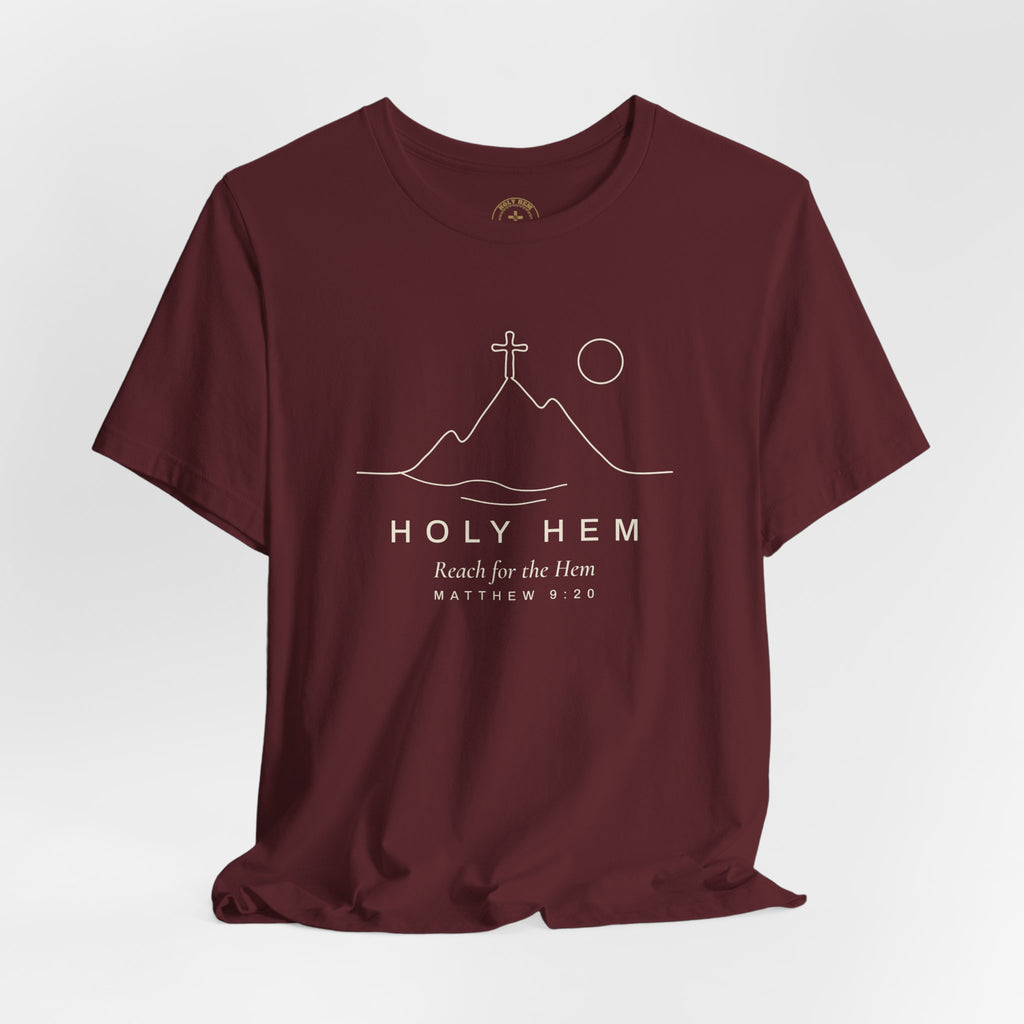 Holy Hem Mountain Cross T-Shirt – One Line Art Matthew 9:20 Christian Tee