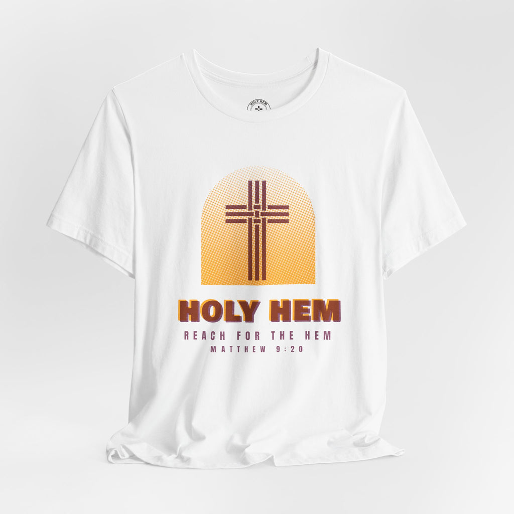 Holy Hem Risograph T-Shirt – Woven Cross Matthew 9:20 Christian Tee