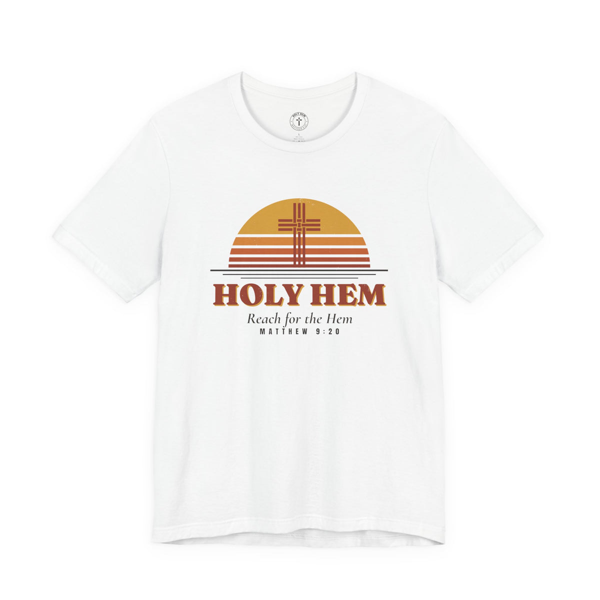Holy Hem Retro Sunset T-Shirt – 70s Cross Matthew 9:20 Christian Tee