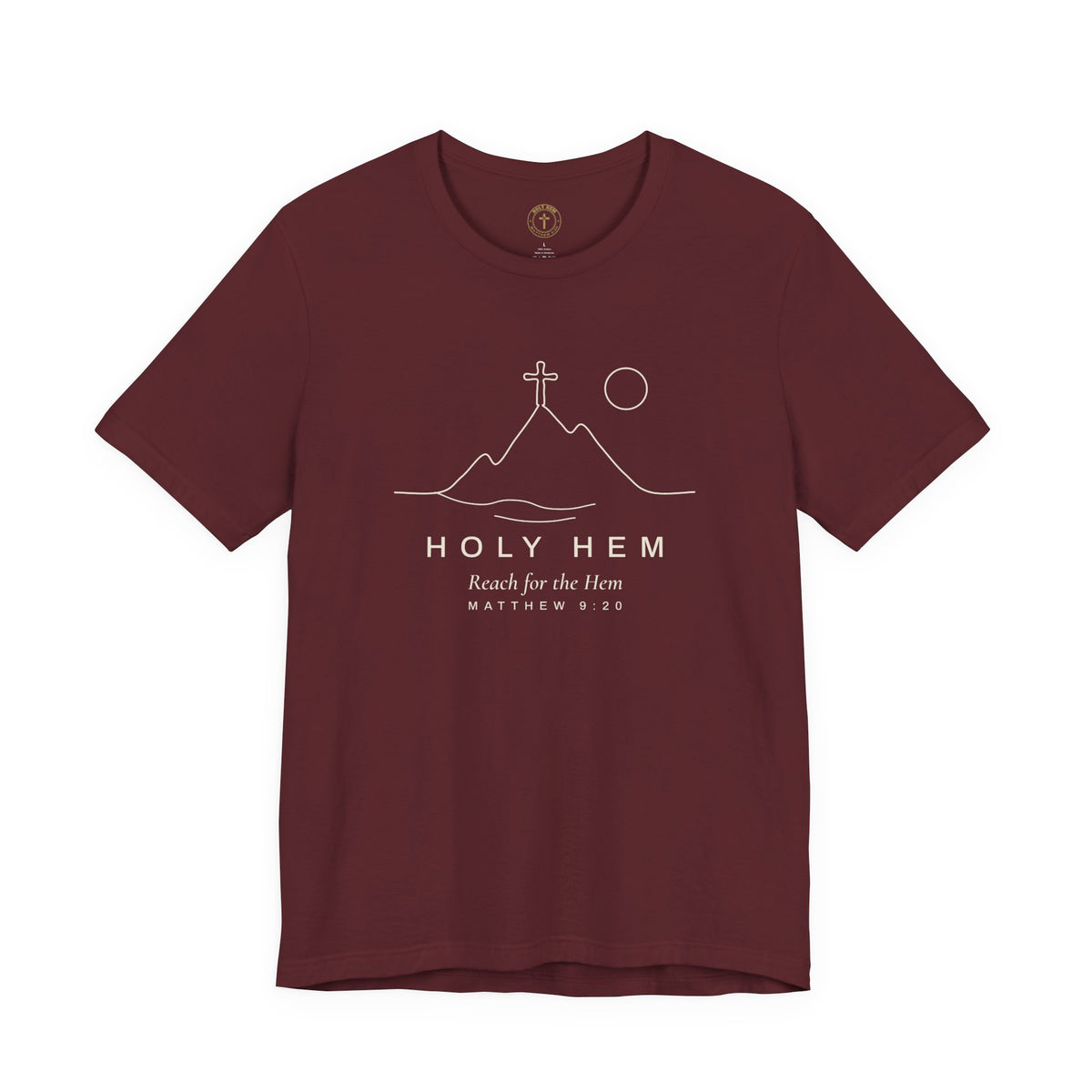 Holy Hem Mountain Cross T-Shirt – One Line Art Matthew 9:20 Christian Tee
