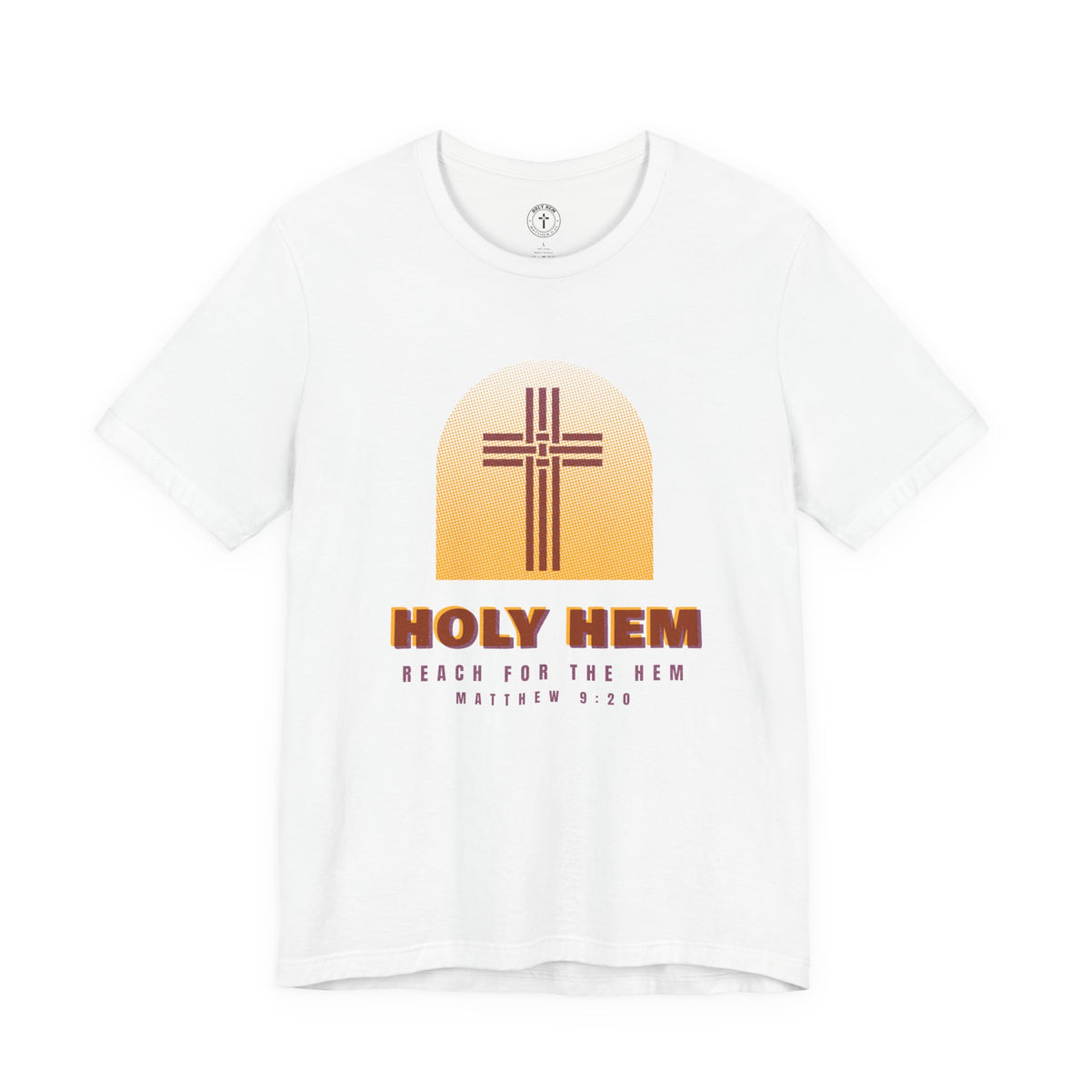 Holy Hem Risograph T-Shirt – Woven Cross Matthew 9:20 Christian Tee