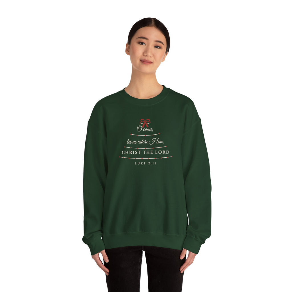 O Come Let Us Adore Him Sweatshirt – Garland Christmas Tree Crewneck