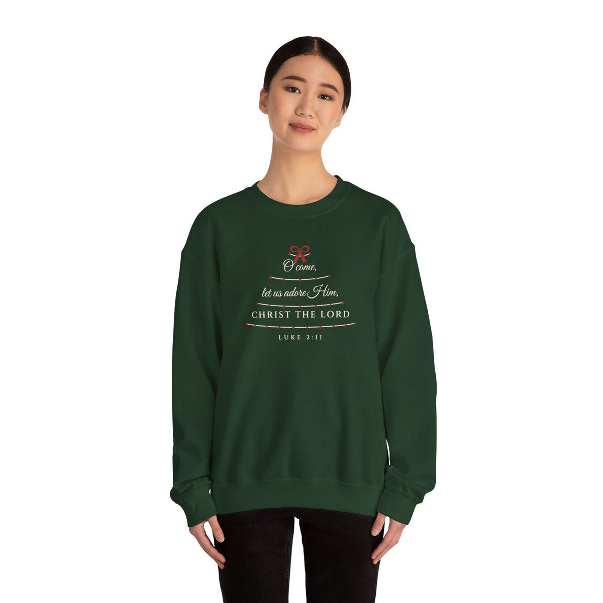 O Come Let Us Adore Him Sweatshirt – Garland Christmas Tree Crewneck