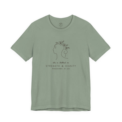 She Is Clothed in Strength T-Shirt – Line Art Proverbs 31:25 Womens Tee