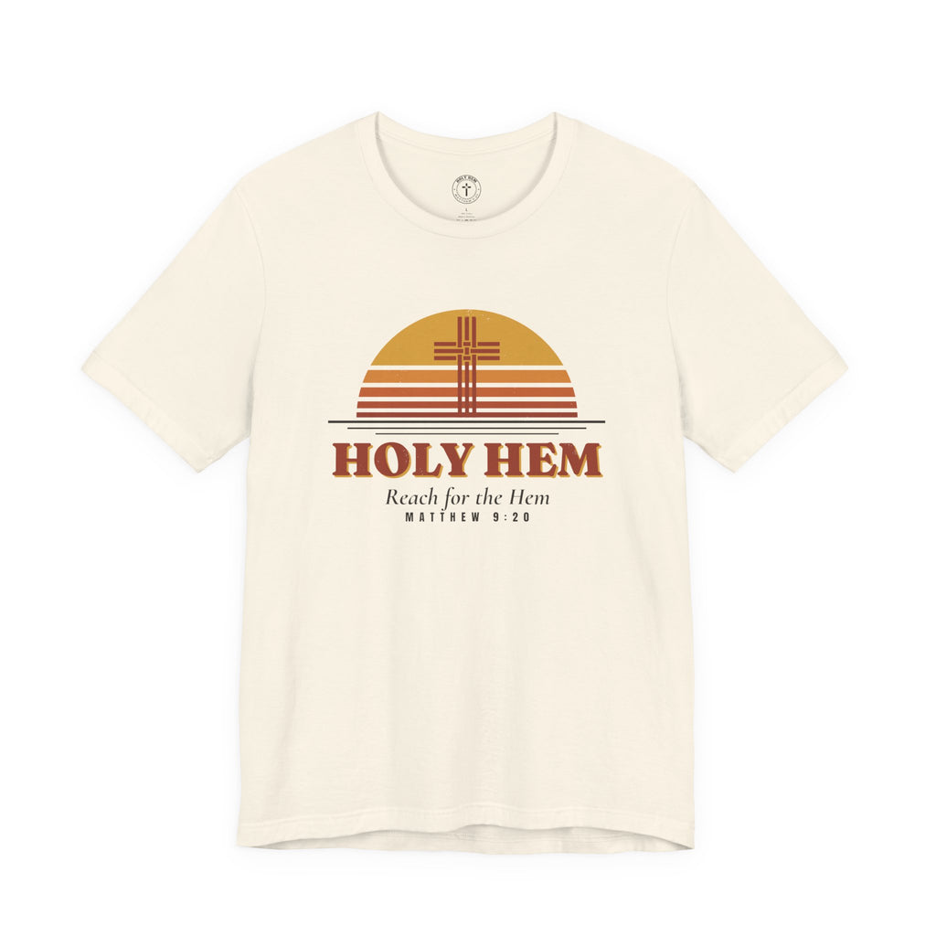 Holy Hem Retro Sunset T-Shirt – 70s Cross Matthew 9:20 Christian Tee