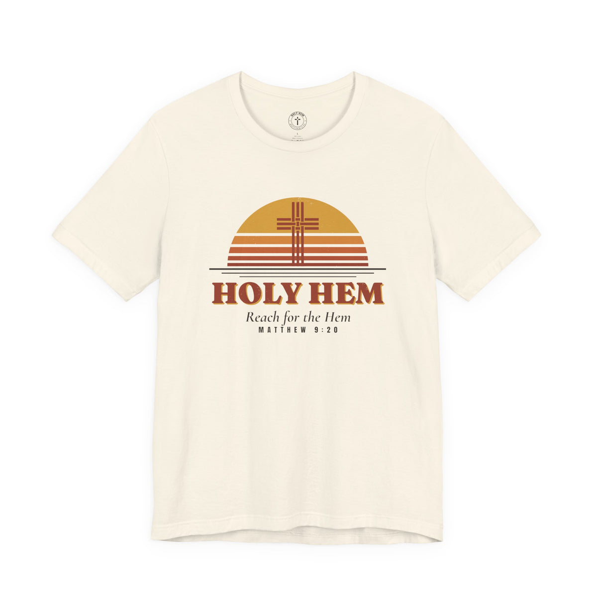 Holy Hem Retro Sunset T-Shirt – 70s Cross Matthew 9:20 Christian Tee