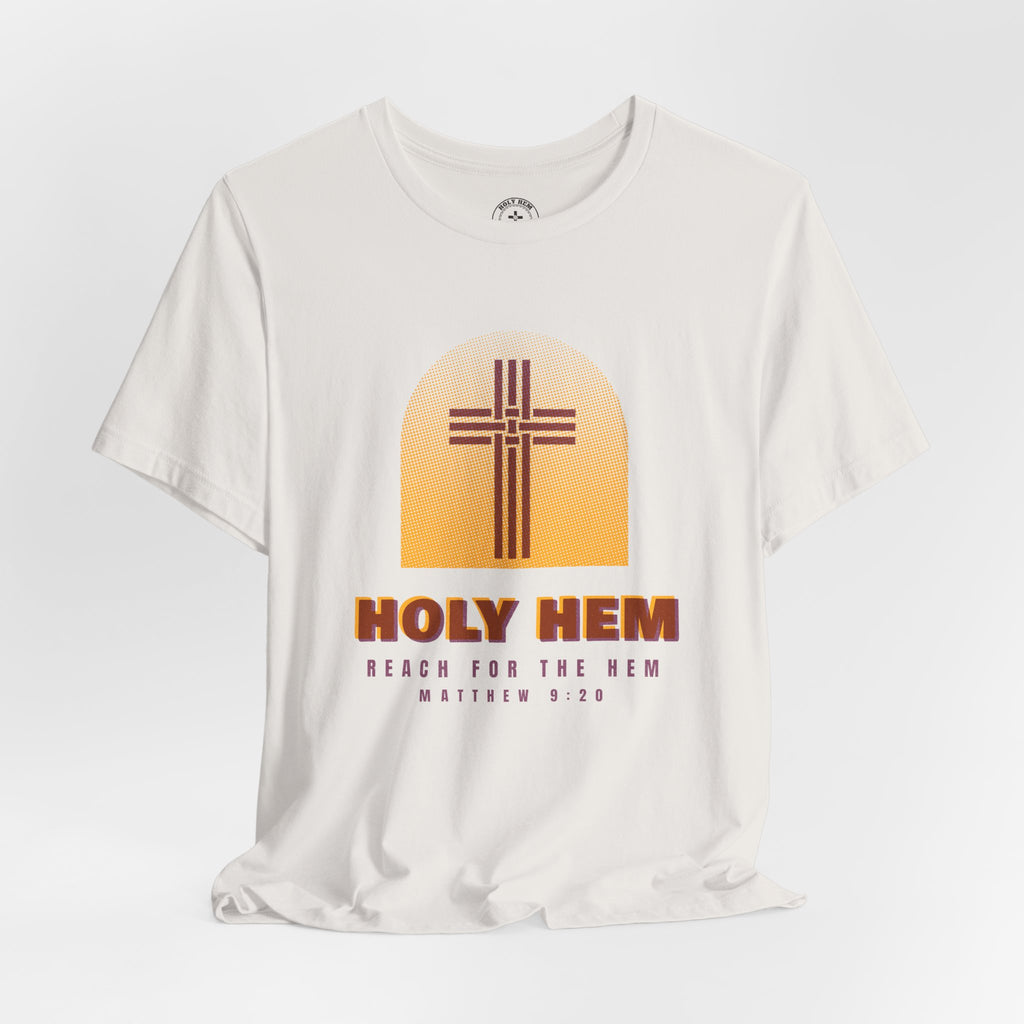 Holy Hem Risograph T-Shirt – Woven Cross Matthew 9:20 Christian Tee