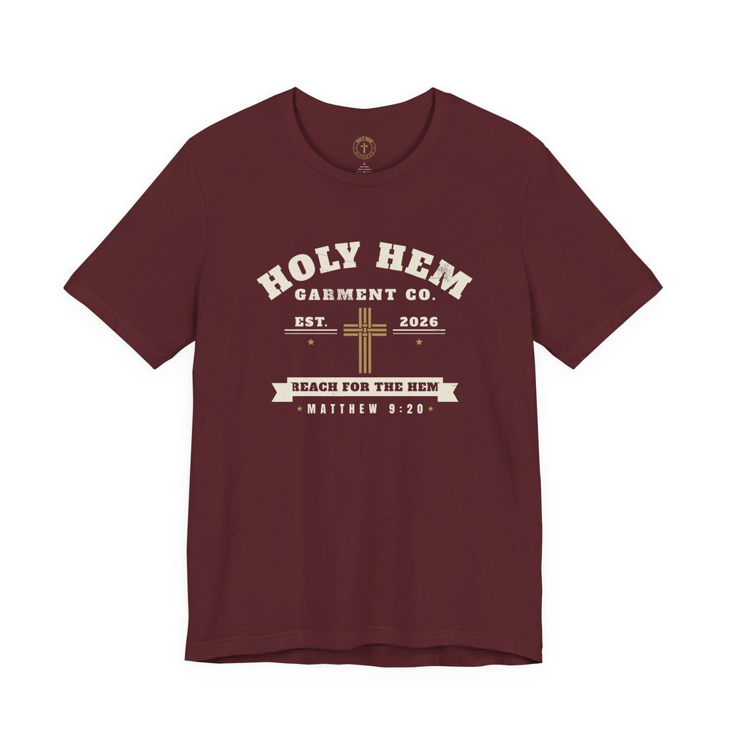 Holy Hem Garment Co. T-Shirt – Vintage Cross Badge Matthew 9:20 Tee