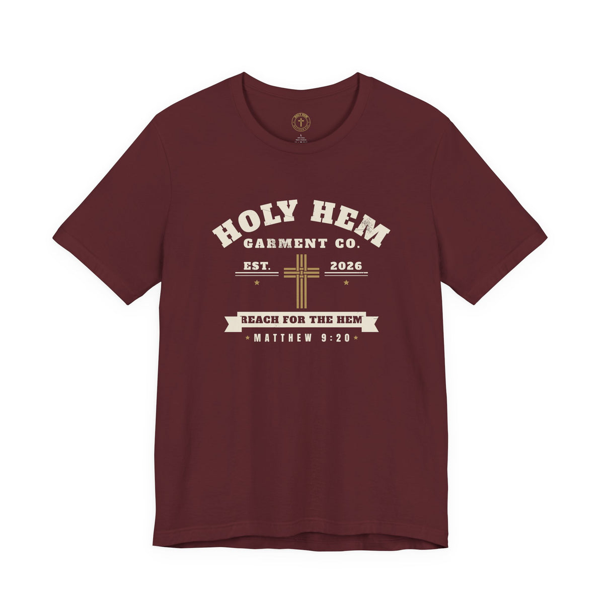 Holy Hem Garment Co. T-Shirt – Vintage Cross Badge Matthew 9:20 Tee