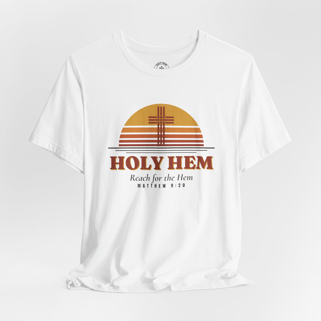 Holy Hem Retro Sunset T-Shirt – 70s Cross Matthew 9:20 Christian Tee