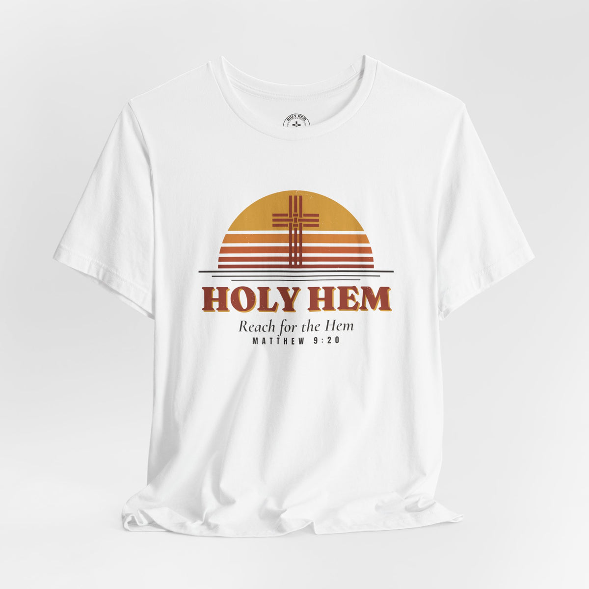 Holy Hem Retro Sunset T-Shirt – 70s Cross Matthew 9:20 Christian Tee