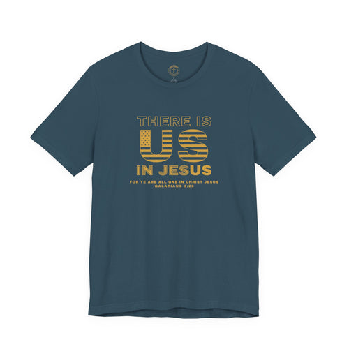 There Is US In Jesus T-Shirt – Gold American Flag Galatians 3:28 Tee