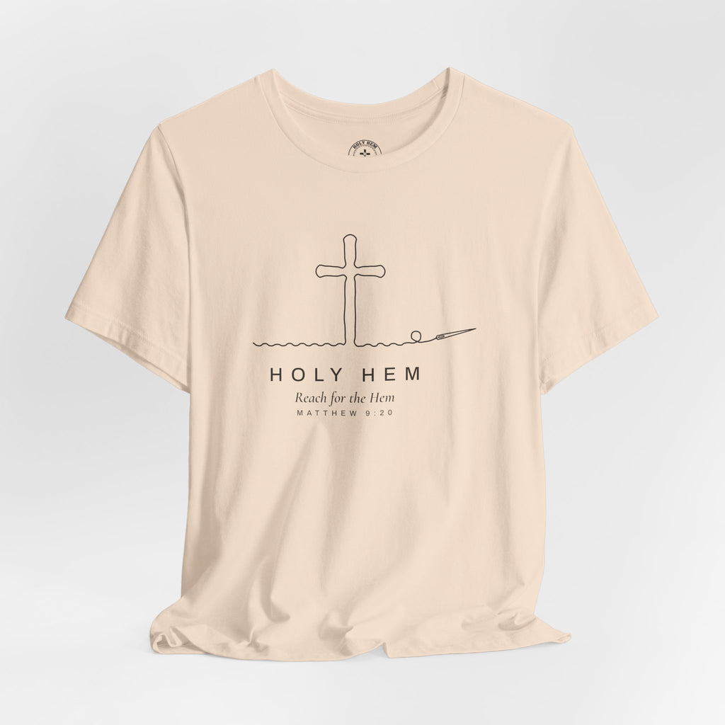 Holy Hem Thread Cross T-Shirt – One Line Art Matthew 9:20 Christian Tee