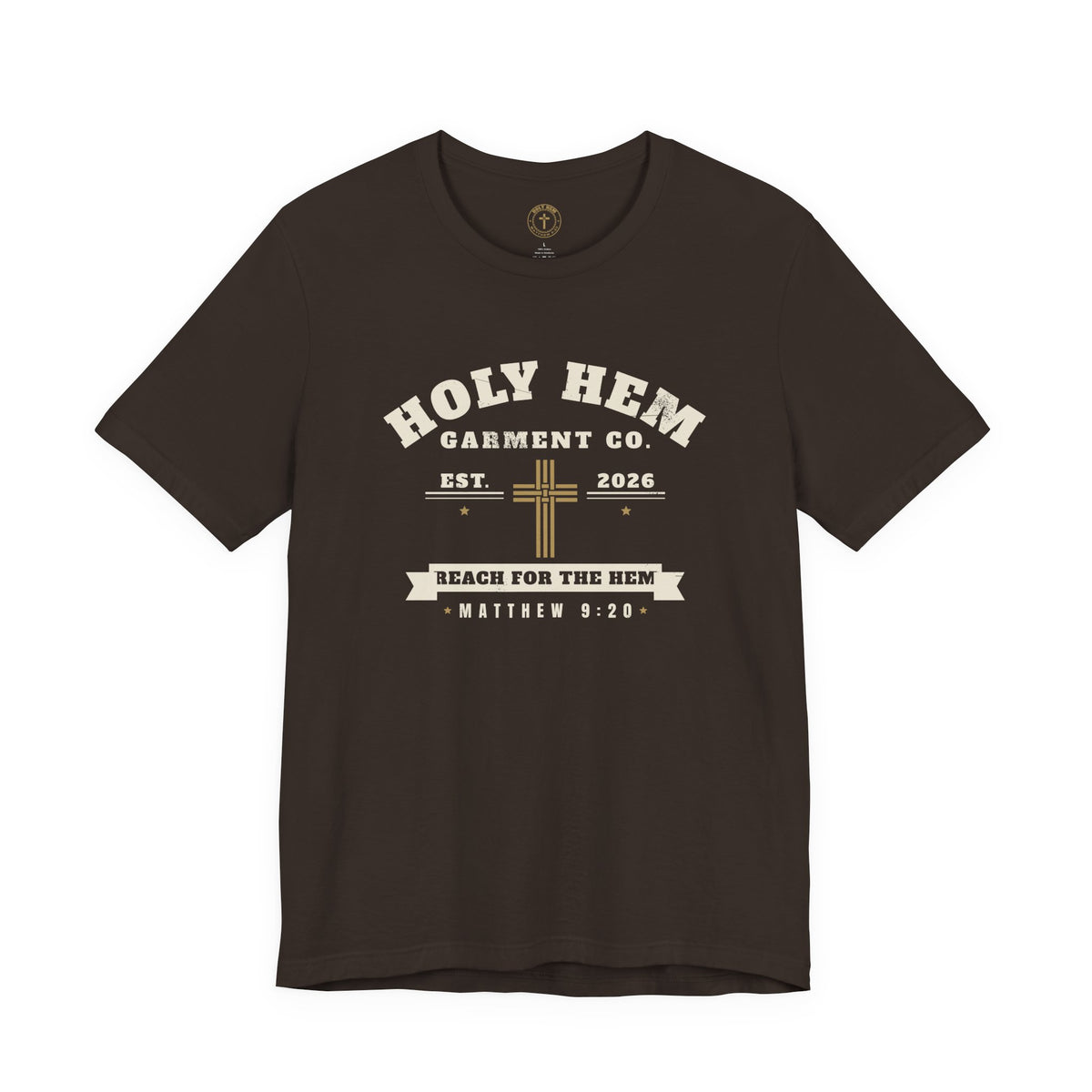 Holy Hem Garment Co. T-Shirt – Vintage Cross Badge Matthew 9:20 Tee