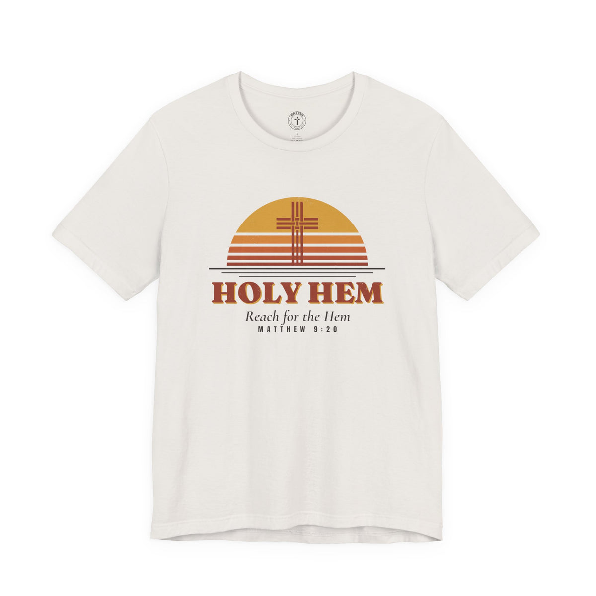 Holy Hem Retro Sunset T-Shirt – 70s Cross Matthew 9:20 Christian Tee