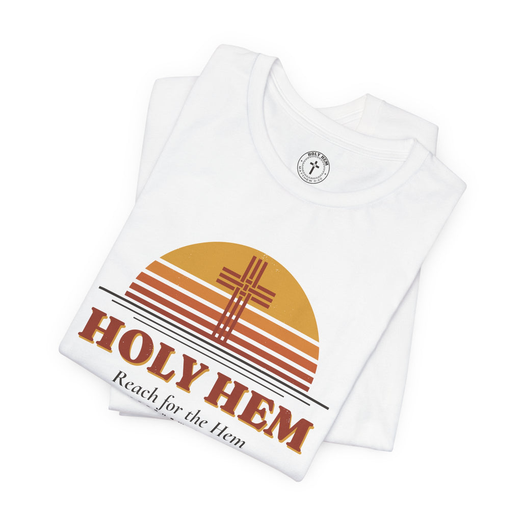 Holy Hem Retro Sunset T-Shirt – 70s Cross Matthew 9:20 Christian Tee
