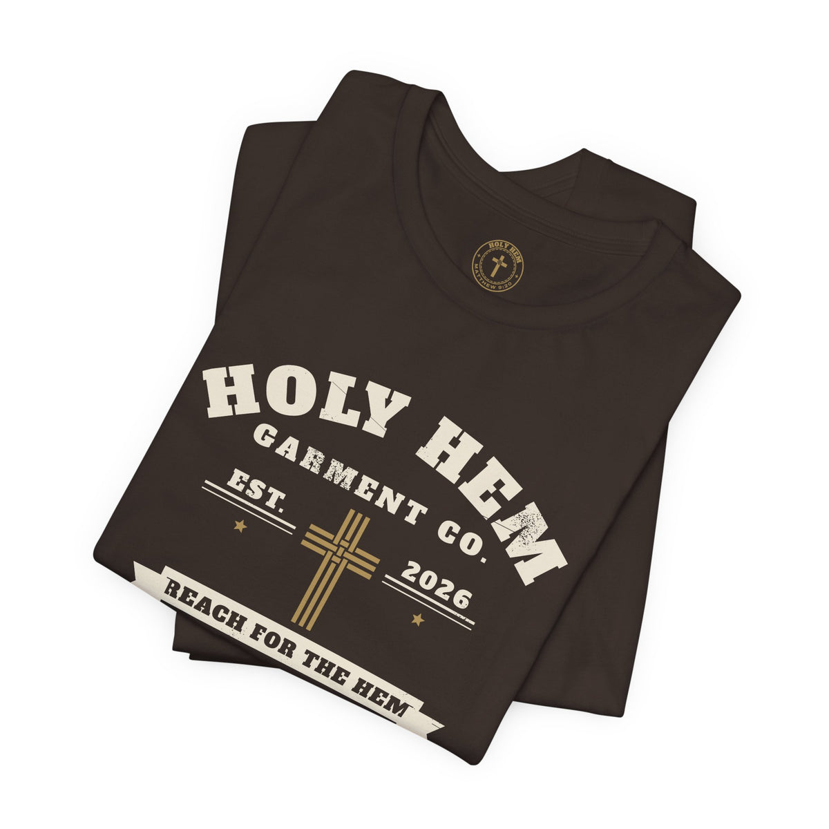 Holy Hem Garment Co. T-Shirt – Vintage Cross Badge Matthew 9:20 Tee