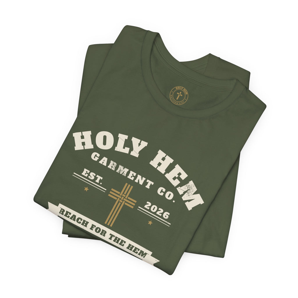 Holy Hem Garment Co. T-Shirt – Vintage Cross Badge Matthew 9:20 Tee