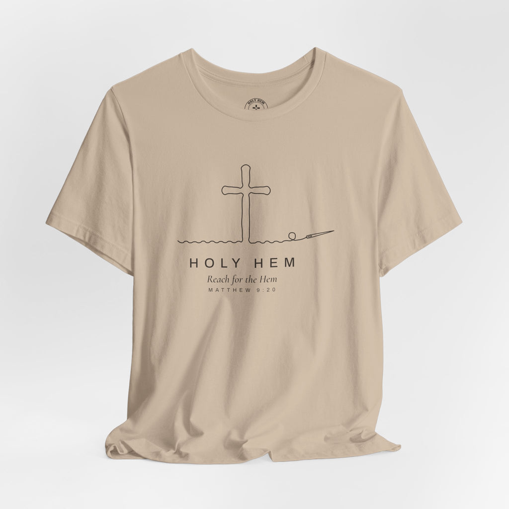 Holy Hem Thread Cross T-Shirt – One Line Art Matthew 9:20 Christian Tee