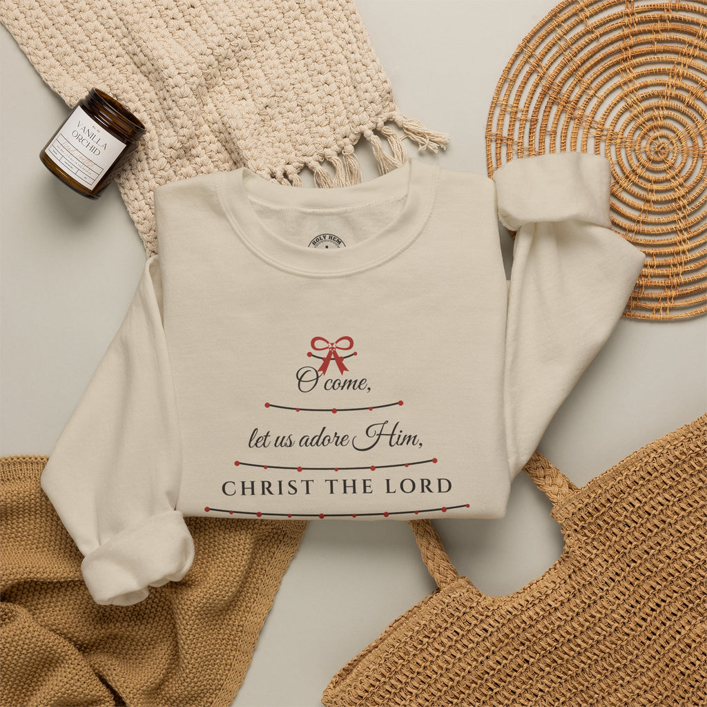 O Come Let Us Adore Him Sweatshirt – Garland Christmas Tree Crewneck