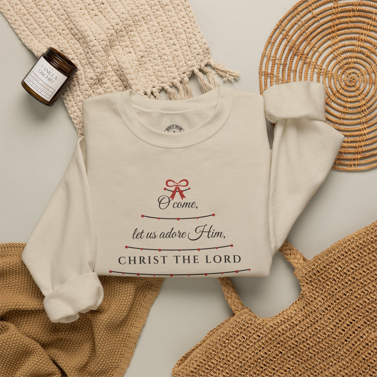 O Come Let Us Adore Him Sweatshirt – Garland Christmas Tree Crewneck