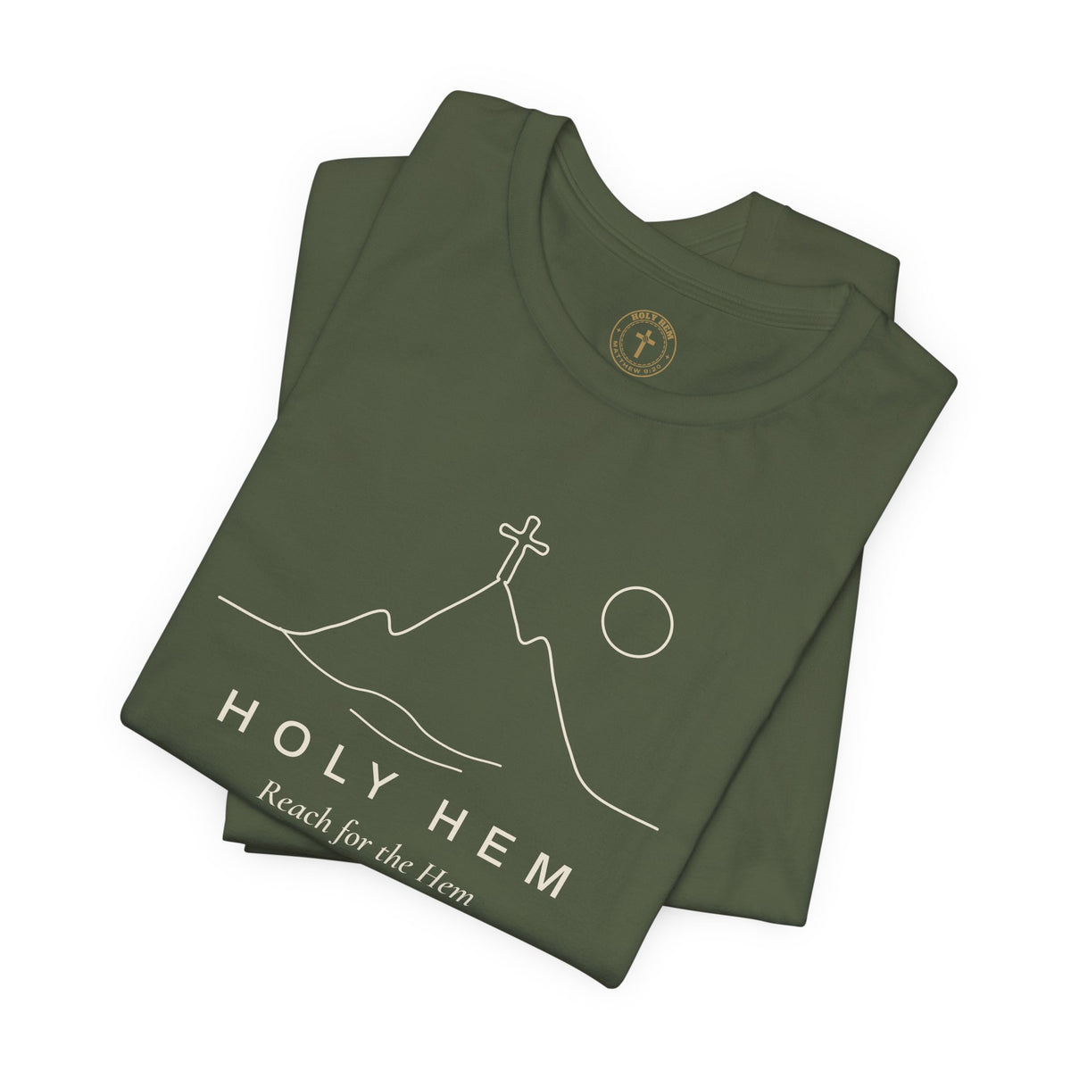 Holy Hem Mountain Cross T-Shirt – One Line Art Matthew 9:20 Christian Tee