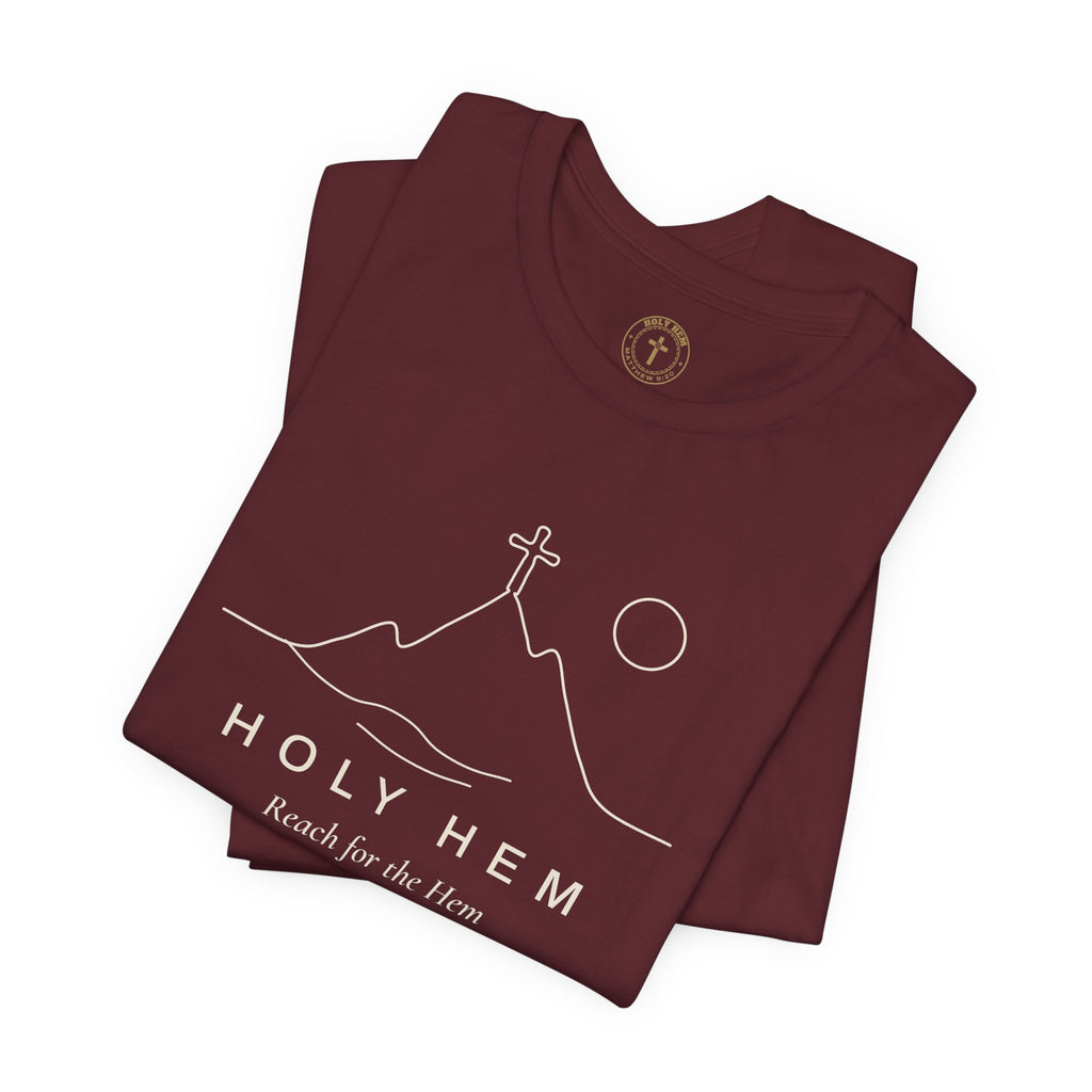 Holy Hem Mountain Cross T-Shirt – One Line Art Matthew 9:20 Christian Tee