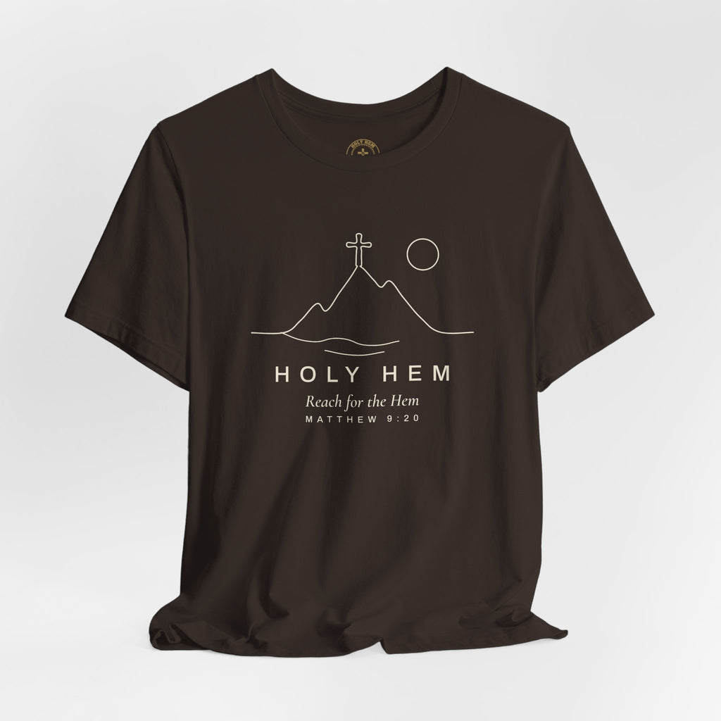 Holy Hem Mountain Cross T-Shirt – One Line Art Matthew 9:20 Christian Tee