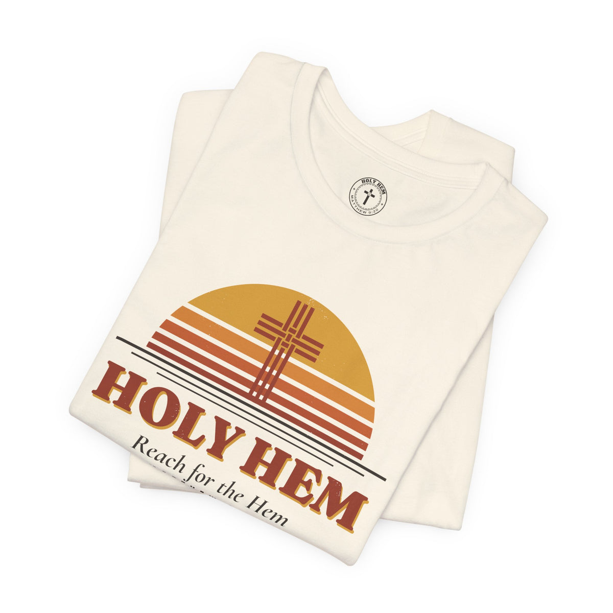 Holy Hem Retro Sunset T-Shirt – 70s Cross Matthew 9:20 Christian Tee