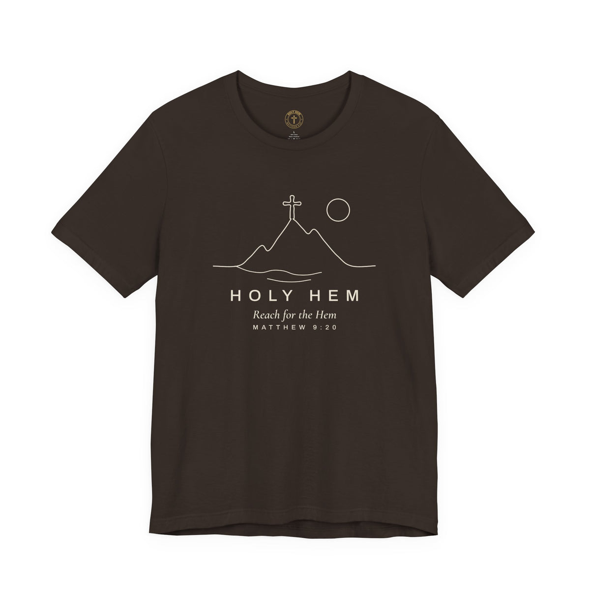 Holy Hem Mountain Cross T-Shirt – One Line Art Matthew 9:20 Christian Tee
